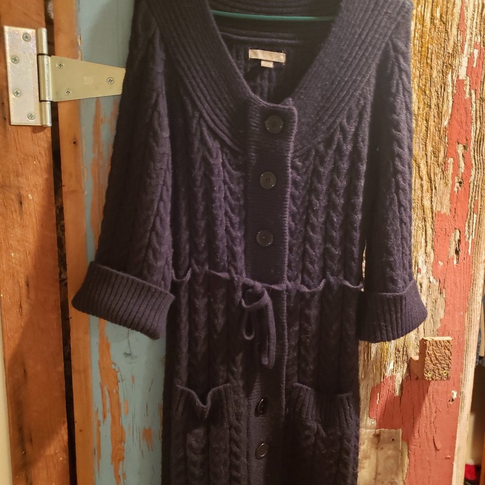 oneA long black cable sweater size L